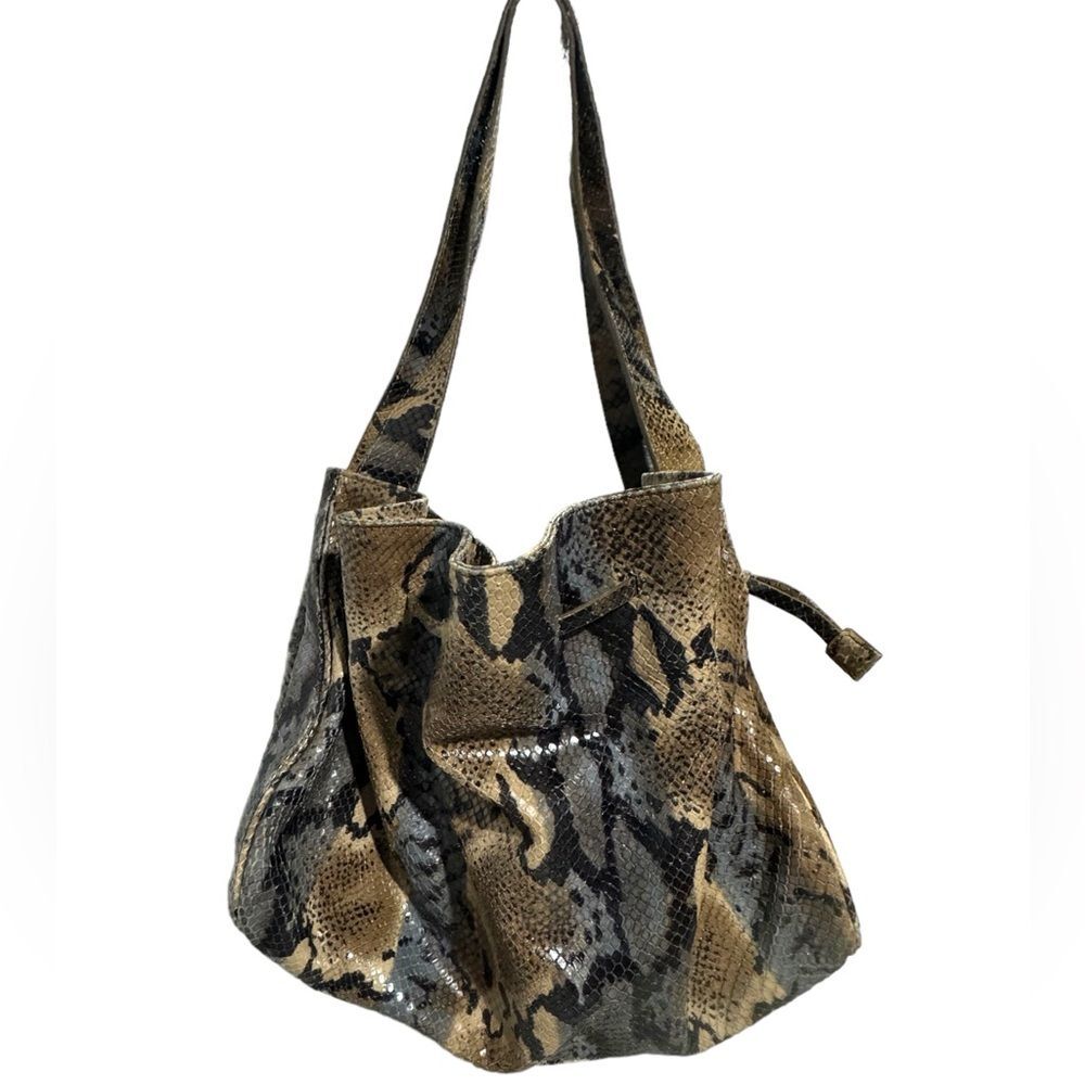 Ann Taylor Snake Print Leather Y2K Shoulder Bag  Purse Slouchy Hobo Tote Brown
